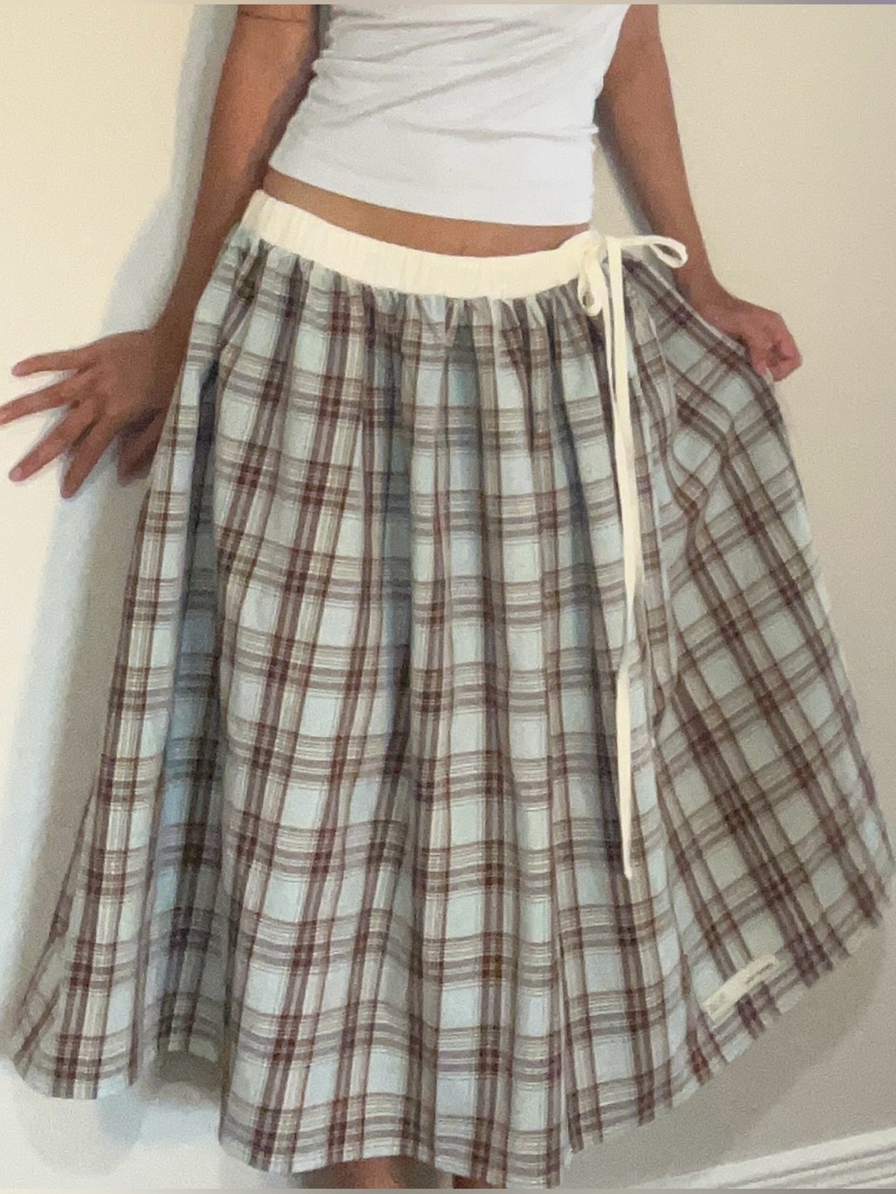 Classic Plaid Drawstring Midi Skirt - Cream & Brown